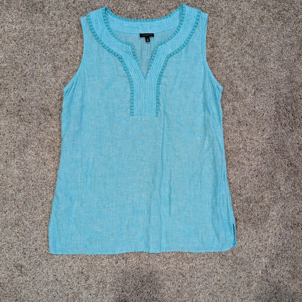 Talbots Light Blue Sleeveless Tank Top 100% Linen Sleeveless Size XS